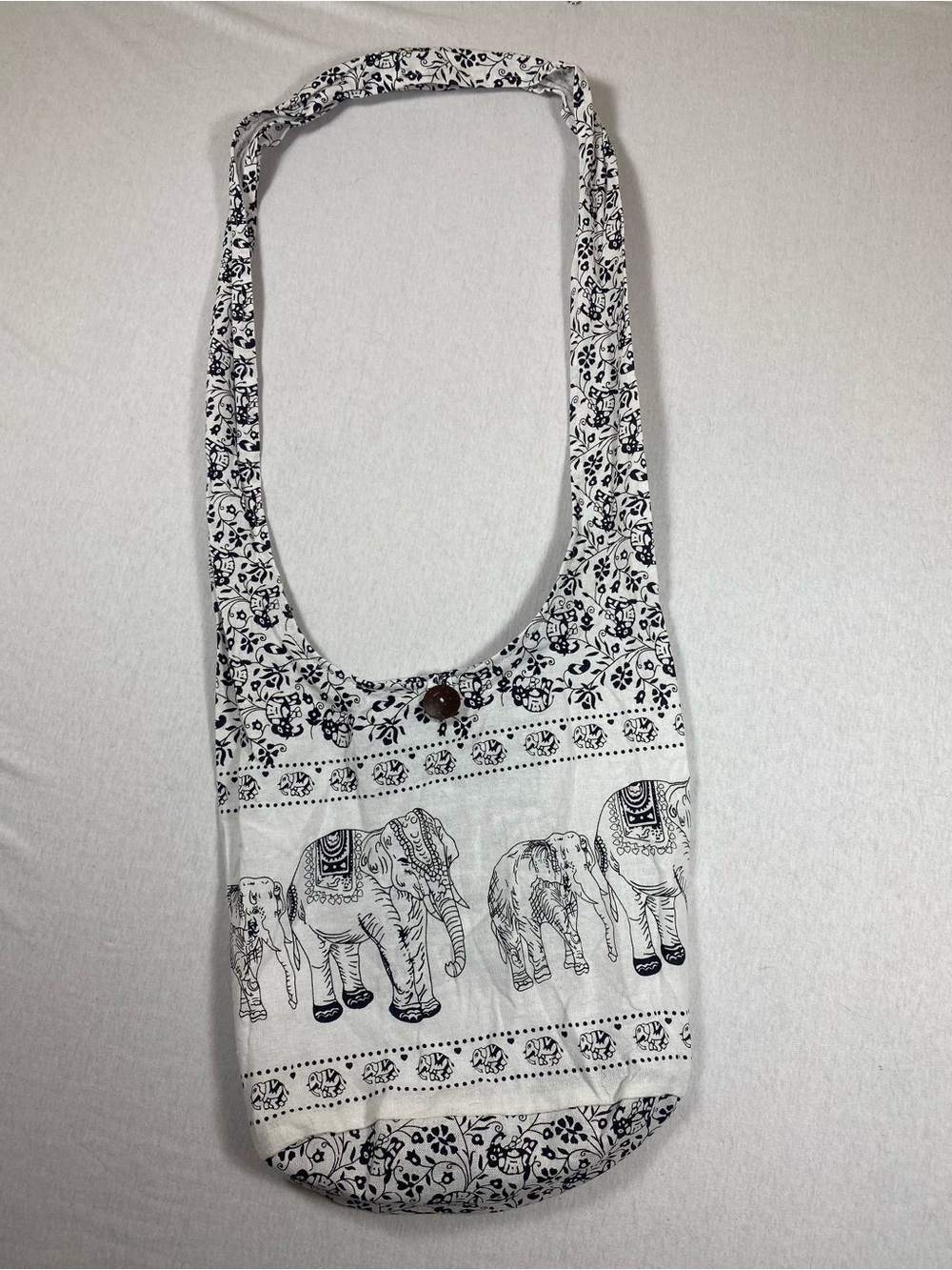 Thai Cotton Elephant Print Boho Shoulder Crossbody Bag Black White